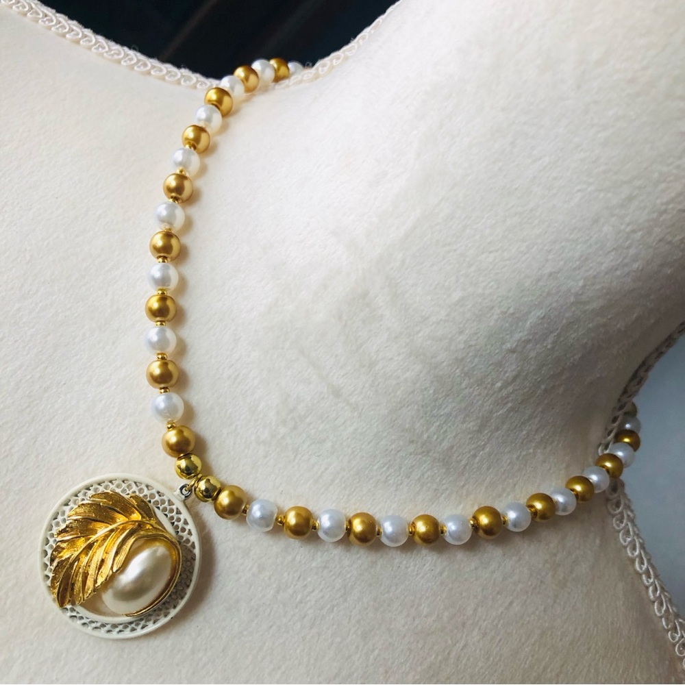 Handcrafted repurpose pearl leaf medallion pendant Czech glass Pearl necklace